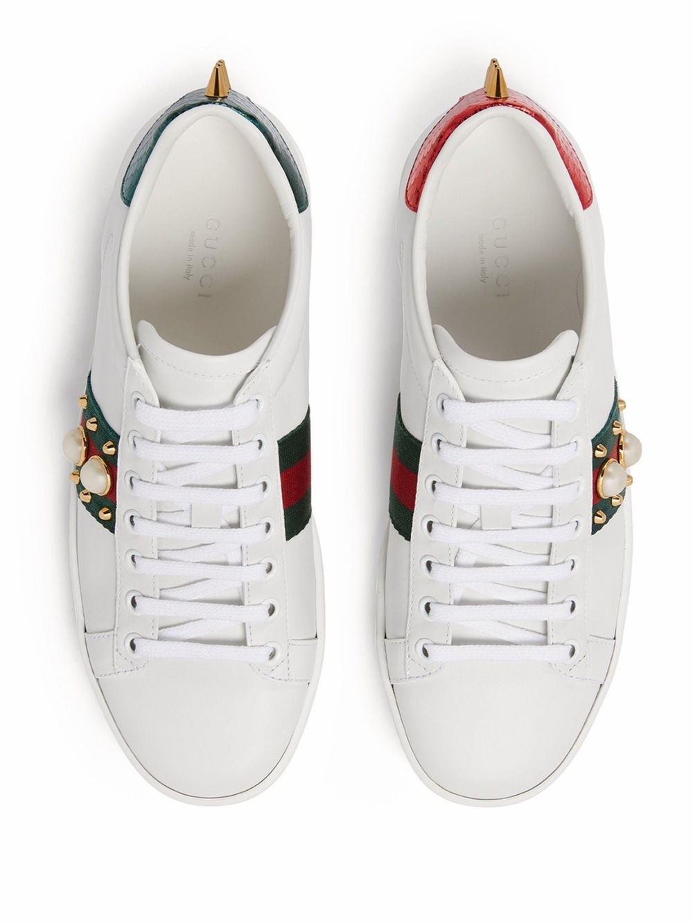 Gucci White Leather Sneakers with Green-Red Web and Pearl Spikes